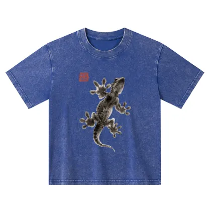 Tokyo-Tiger Minimal Asian Ink Brush Gecko Vibe Kids Washed T-Shirt