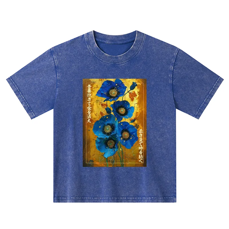 Tokyo-Tiger Shiny Blue Flower Warm Golden Background Kids Washed T-Shirt