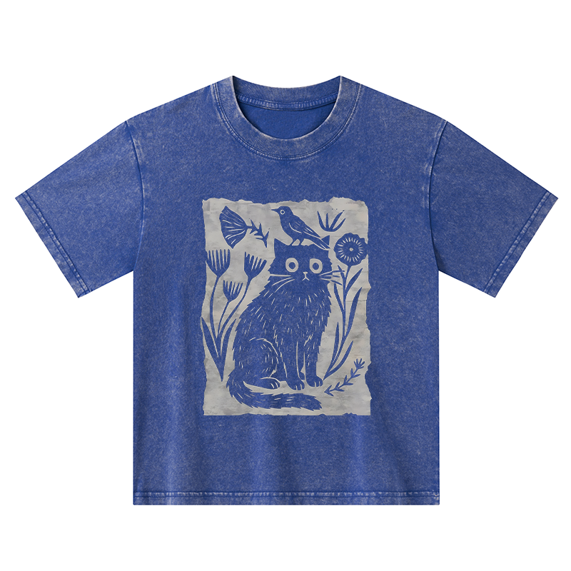 Tokyo-Tiger Folk Paper Cut Cat Bird Floral Art Kids Washed T-Shirt