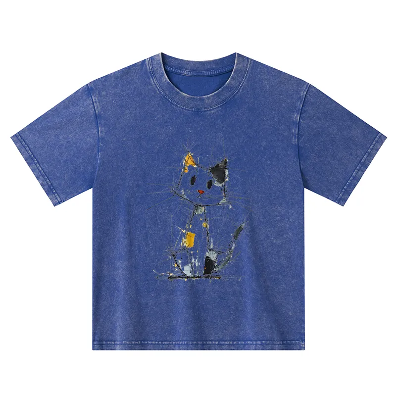 Tokyo-Tiger Minimal Splash Ink Cute Cat Kids Washed T-Shirt