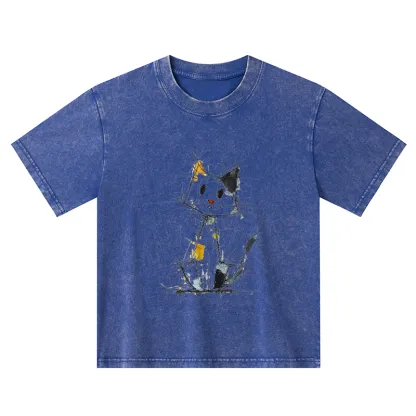 Tokyo-Tiger Minimal Splash Ink Cute Cat Kids Washed T-Shirt