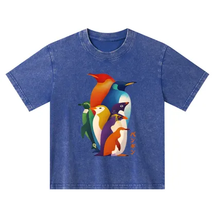 Tokyo-Tiger Cute Multi Tone Penguins Kids Washed T-Shirt
