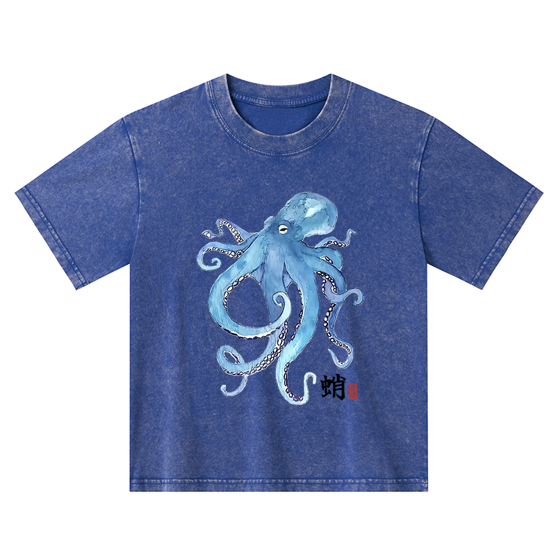 Tokyo-Tiger Watercolor Blue Octopus Kids Washed T-Shirt
