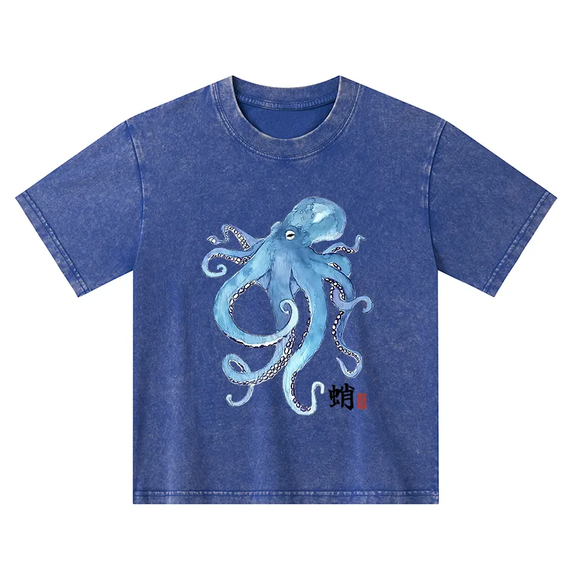Tokyo-Tiger Watercolor Blue Octopus Kids Washed T-Shirt Sale