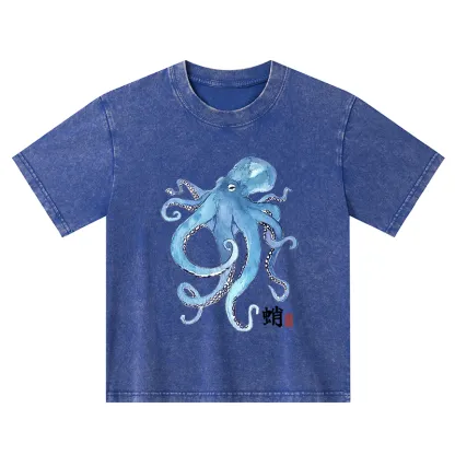 Tokyo-Tiger Watercolor Blue Octopus Kids Washed T-Shirt