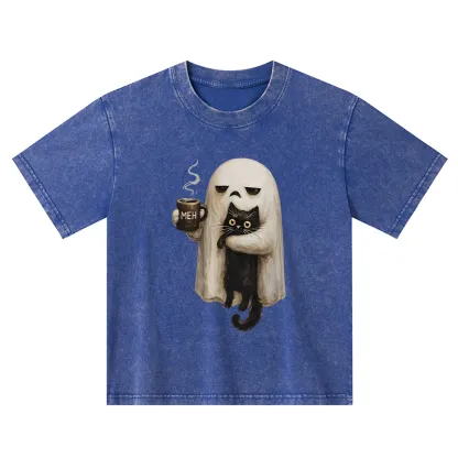 Tokyo-Tiger Ghost Cat Coffee Mood Kids Washed T-Shirt
