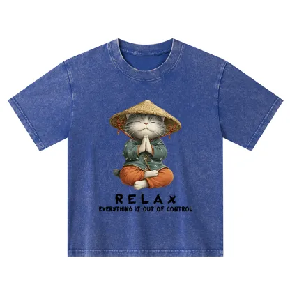 Tokyo-Tiger Zen Relax Cat Graphic Kids Washed T-Shirt