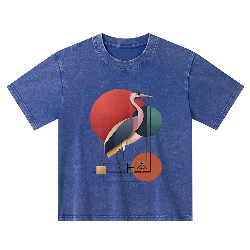 Tokyo-Tiger Geometric Crane Art Kids Washed T-Shirt