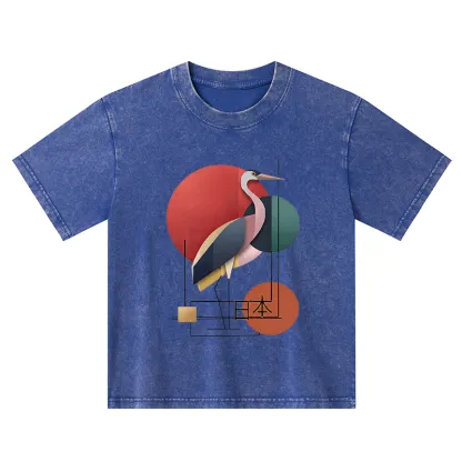 Tokyo-Tiger Geometric Crane Art Kids Washed T-Shirt