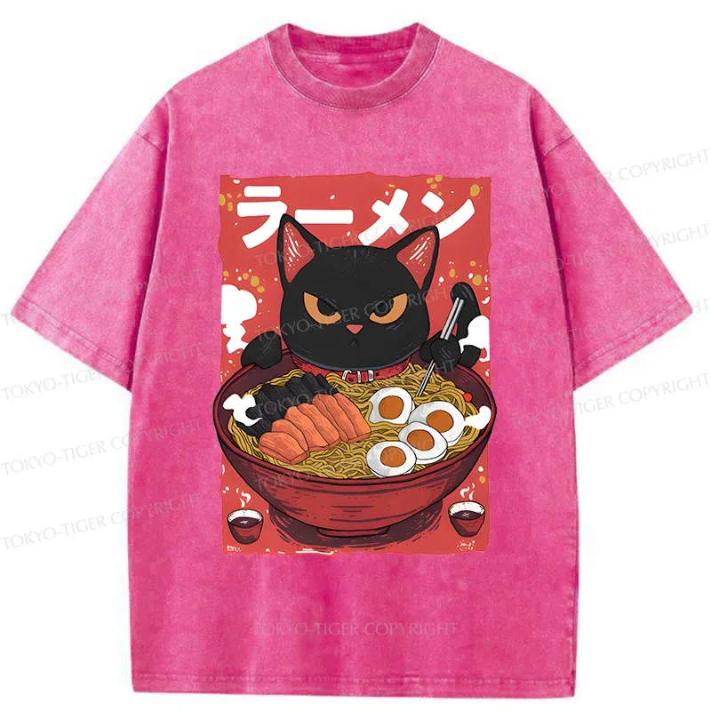 Tokyo-Tiger Black Cat Eating Ramen Washed T-Shirt