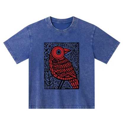 Tokyo-Tiger Retro Woodblock Bird Kids Washed T-Shirt