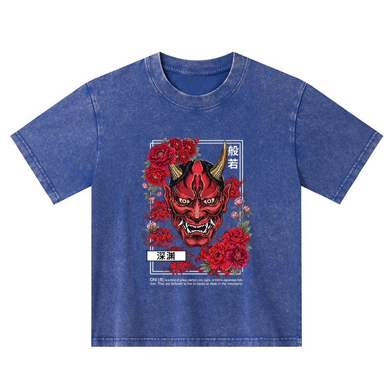 Tokyo-Tiger Cool Oni Floral Art Kids Washed T-Shirt