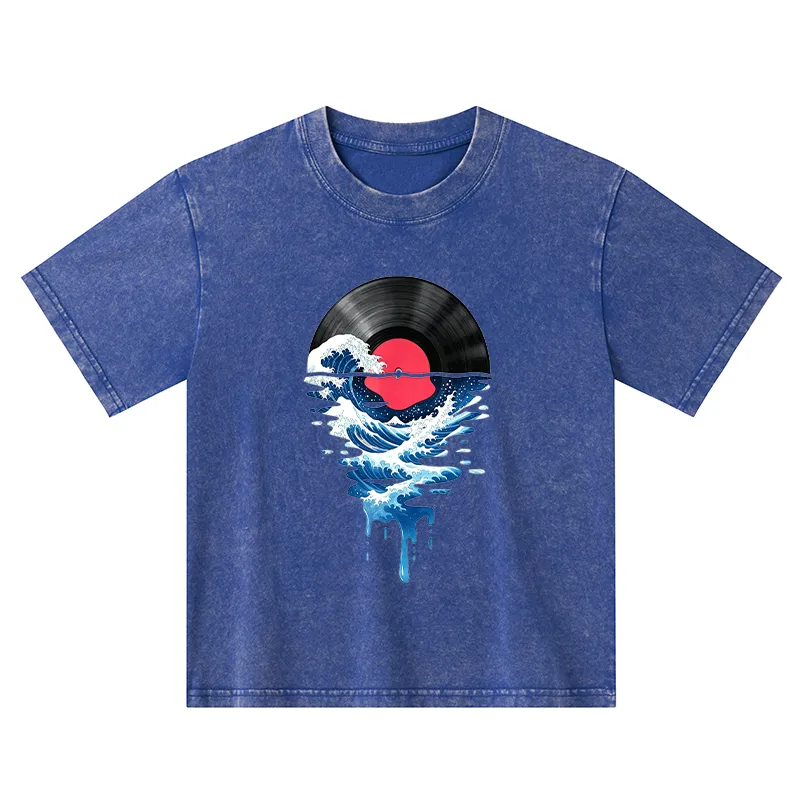 Tokyo-Tiger Vinyl Records And Waves Kids Washed T-Shirt