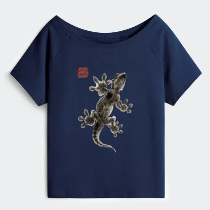 Tokyo-Tiger Minimal Asian Ink Brush Gecko Vibe Off Shoulder T-Shirt