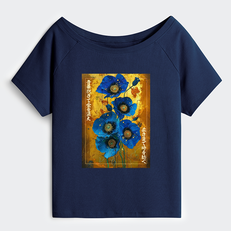 Tokyo-Tiger Shiny Blue Flower Warm Golden Background Off Shoulder T-Shirt