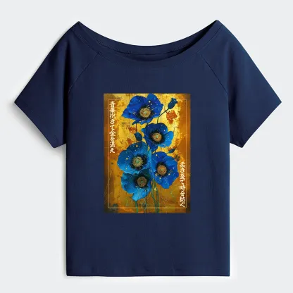 Tokyo-Tiger Shiny Blue Flower Warm Golden Background Off Shoulder T-Shirt