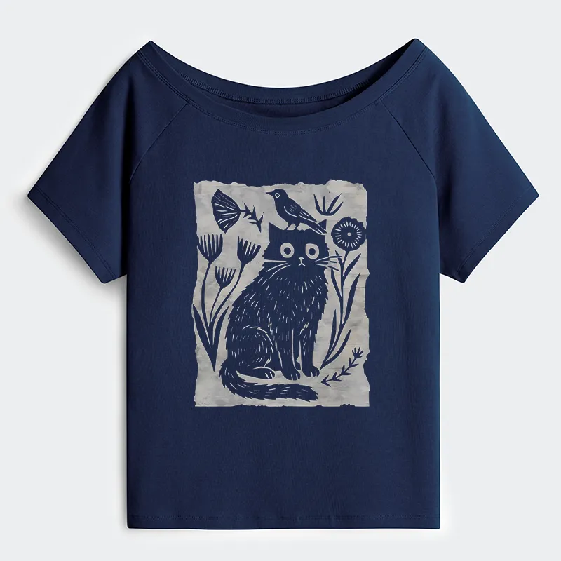 Tokyo-Tiger Folk Paper Cut Cat Bird Floral Art Off Shoulder T-Shirt