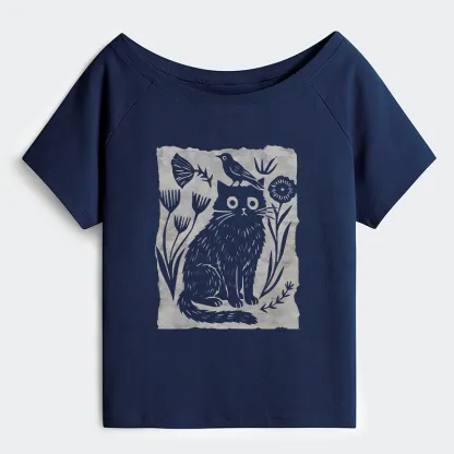 Tokyo-Tiger Folk Paper Cut Cat Bird Floral Art Off Shoulder T-Shirt