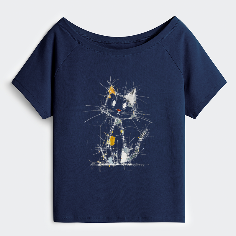 Tokyo-Tiger Minimal Splash Ink Cute Cat Off Shoulder T-Shirt