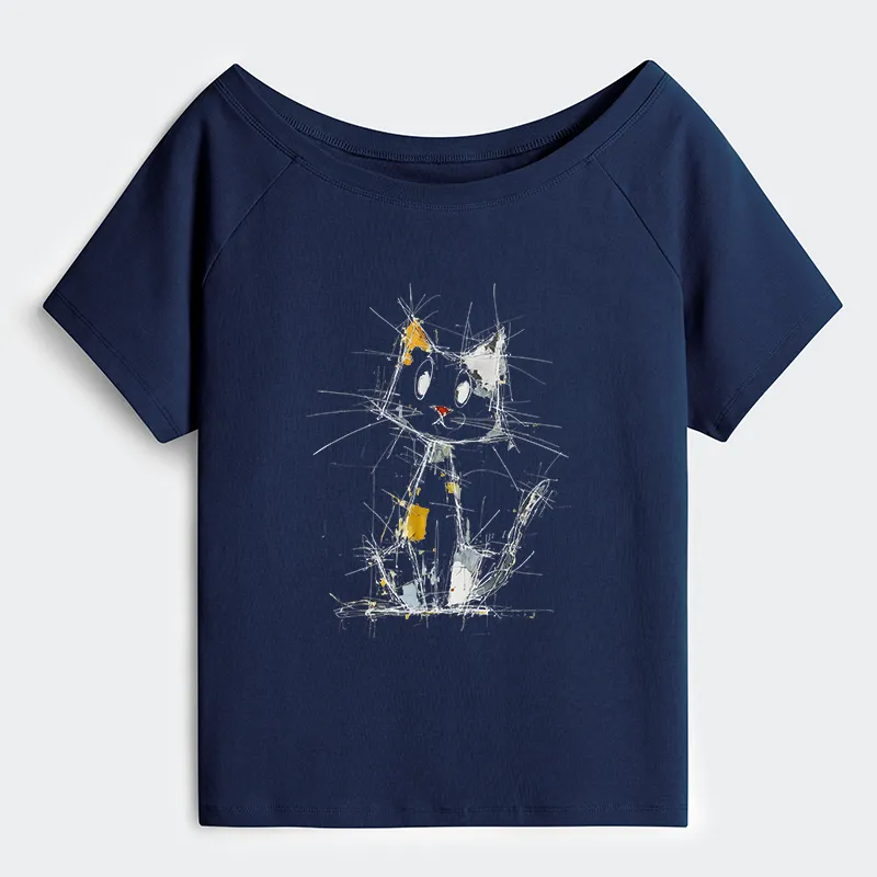 Tokyo-Tiger Minimal Splash Ink Cute Cat Off Shoulder T-Shirt