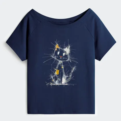 Tokyo-Tiger Minimal Splash Ink Cute Cat Off Shoulder T-Shirt