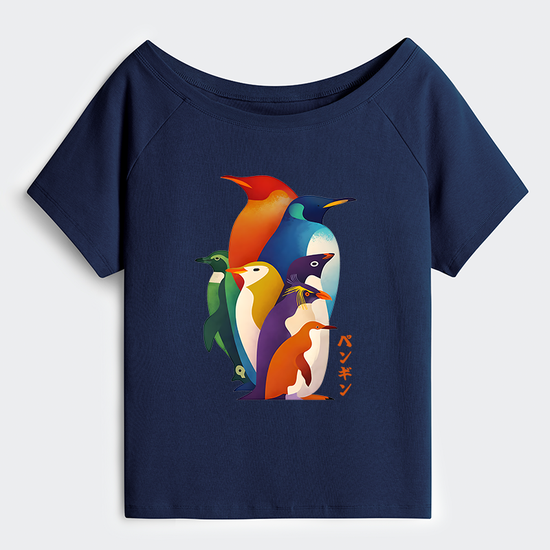 Tokyo-Tiger Cute Multi Tone Penguins Off Shoulder T-Shirt