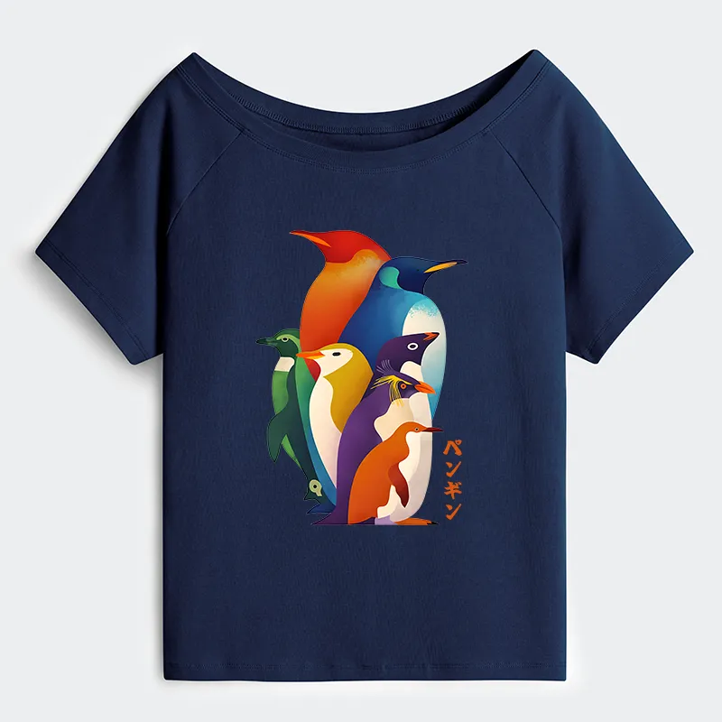 Tokyo-Tiger Cute Multi Tone Penguins Off Shoulder T-Shirt