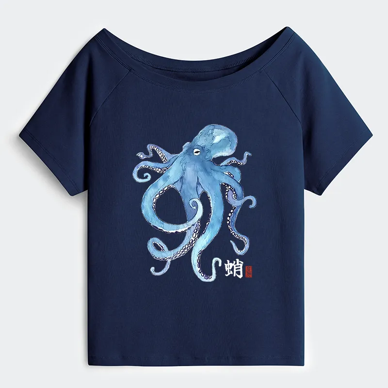 Tokyo-Tiger Watercolor Blue Octopus Off Shoulder T-Shirt