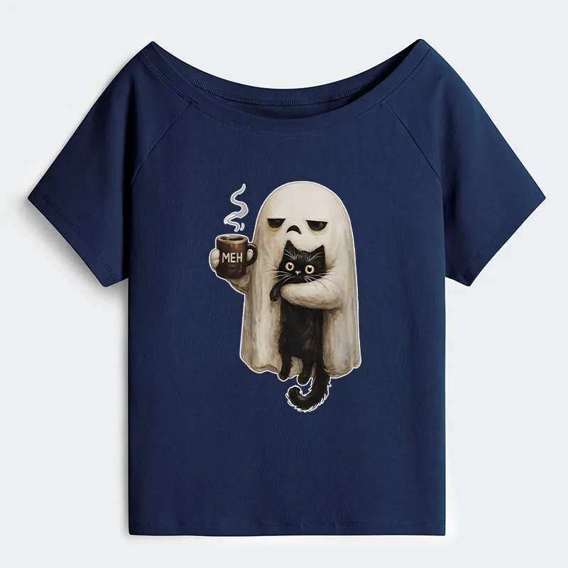 Tokyo-Tiger Ghost Cat Coffee Mood Off Shoulder T-Shirt