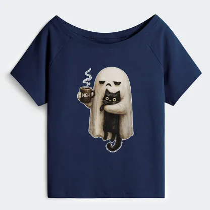 Tokyo-Tiger Ghost Cat Coffee Mood Off Shoulder T-Shirt