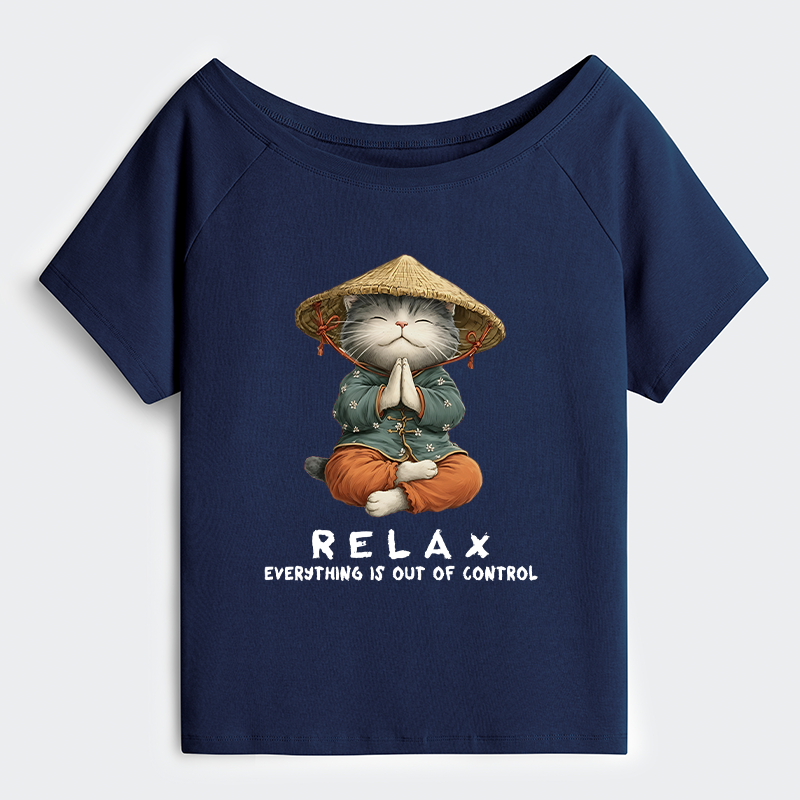 Tokyo-Tiger Zen Relax Cat Graphic Off Shoulder T-Shirt