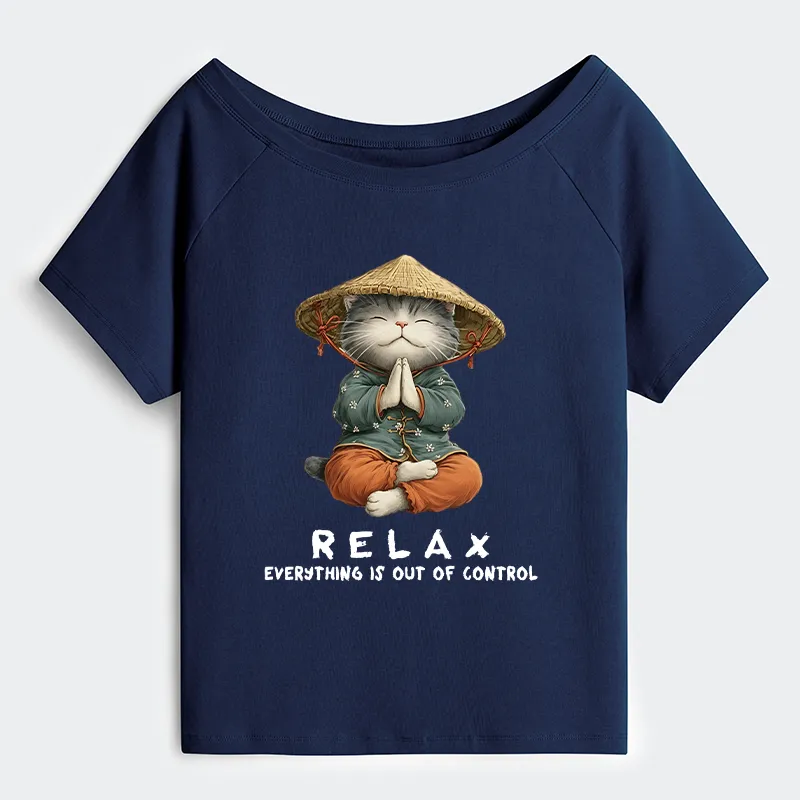 Tokyo-Tiger Zen Relax Cat Graphic Off Shoulder T-Shirt