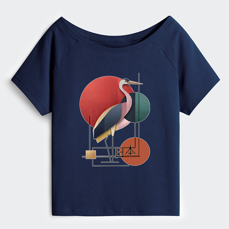 Tokyo-Tiger Geometric Crane Art Off Shoulder T-Shirt