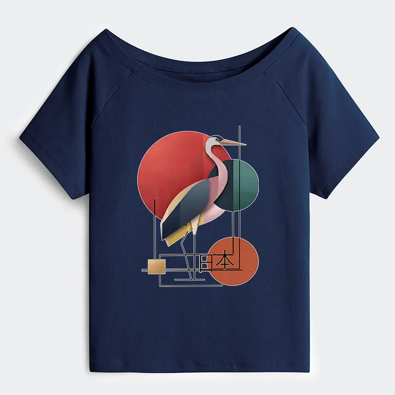 Tokyo-Tiger Geometric Crane Art Off Shoulder T-Shirt