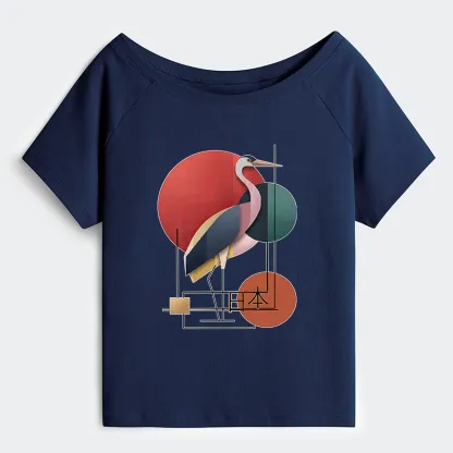 Tokyo-Tiger Geometric Crane Art Off Shoulder T-Shirt