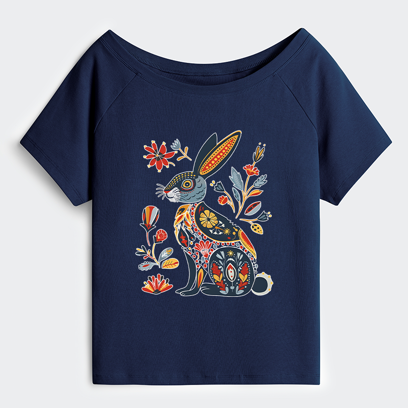 Tokyo-Tiger Folk Hare Bloom Off Shoulder T-Shirt