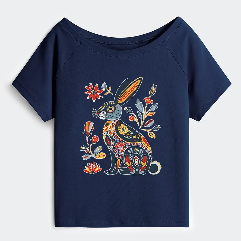 Tokyo-Tiger Folk Hare Bloom Off Shoulder T-Shirt