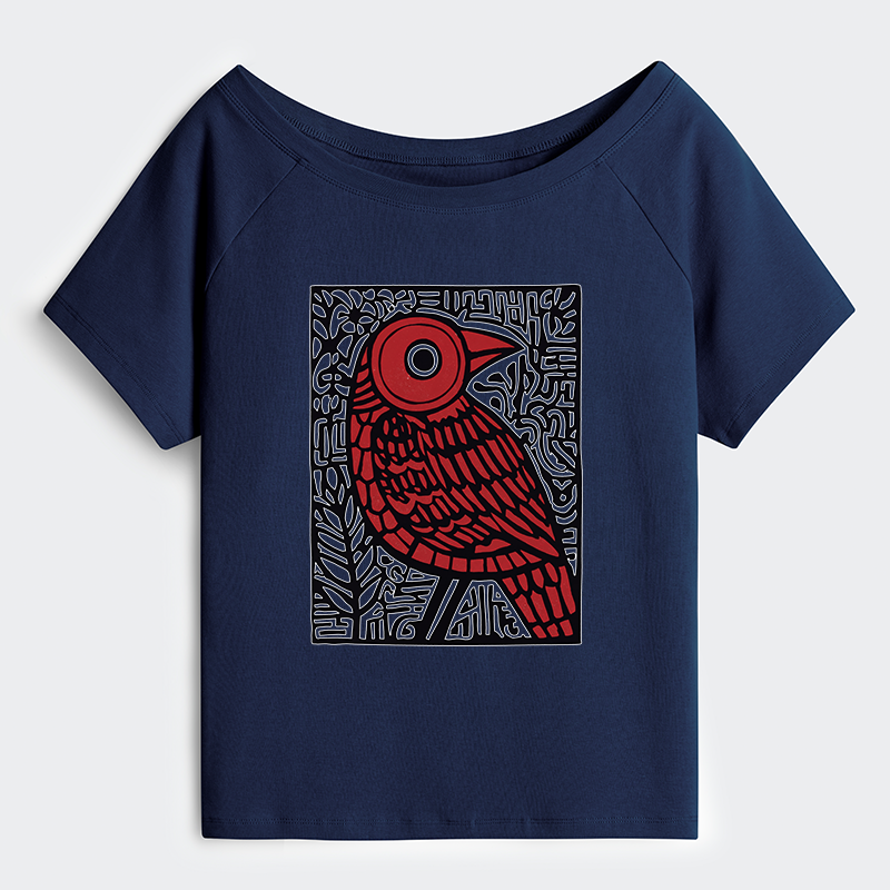 Tokyo-Tiger Retro Woodblock Bird Off Shoulder T-Shirt