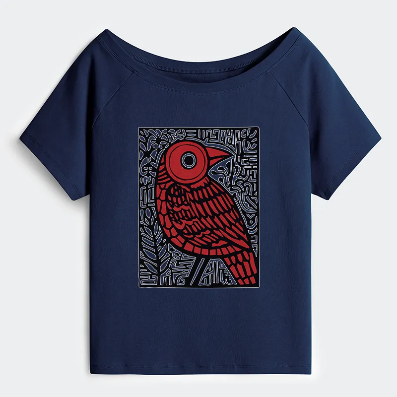 Tokyo-Tiger Retro Woodblock Bird Off Shoulder T-Shirt