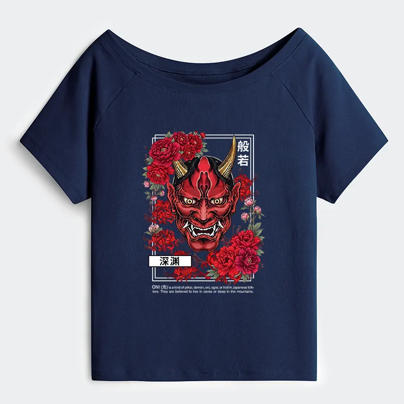 Tokyo-Tiger Cool Oni Floral Art Off Shoulder T-Shirt