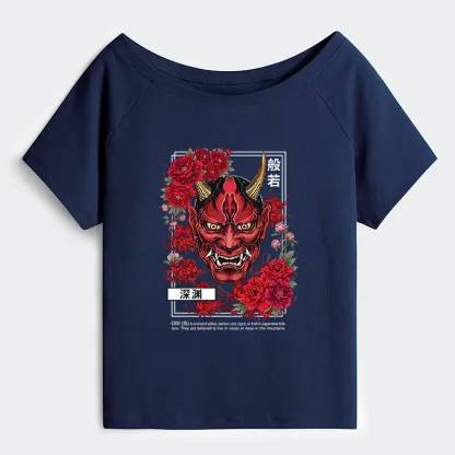 Tokyo-Tiger Cool Oni Floral Art Off Shoulder T-Shirt