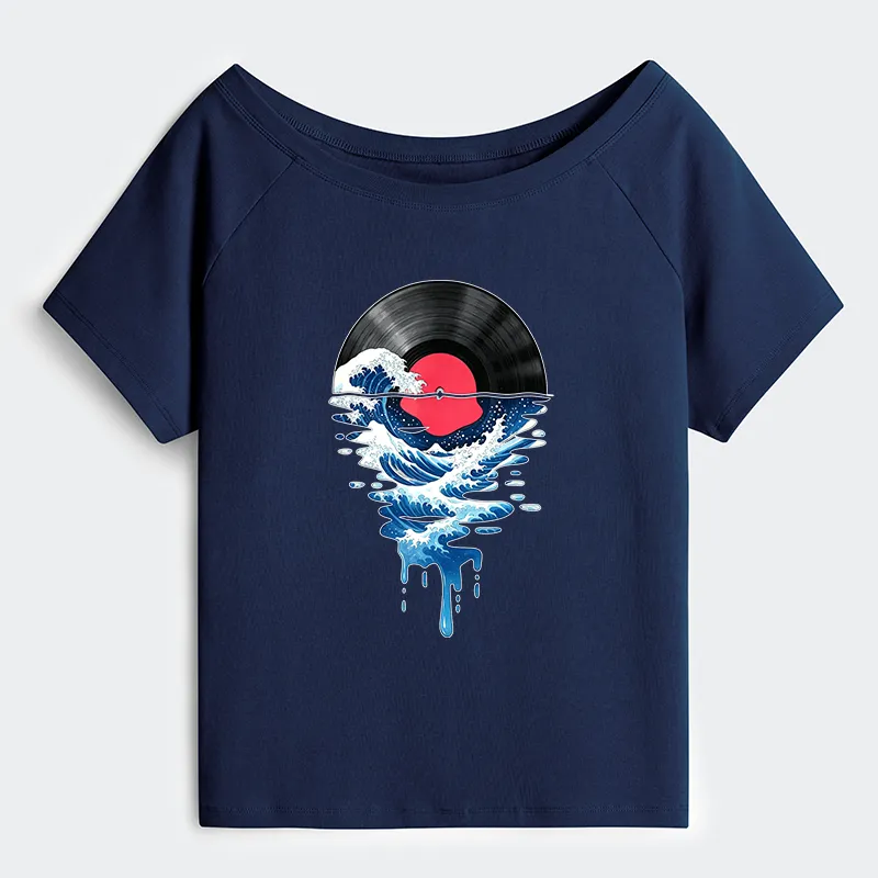 Tokyo-Tiger Vinyl Records And Waves Off Shoulder T-Shirt