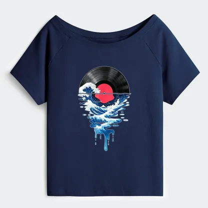 Tokyo-Tiger Vinyl Records And Waves Off Shoulder T-Shirt