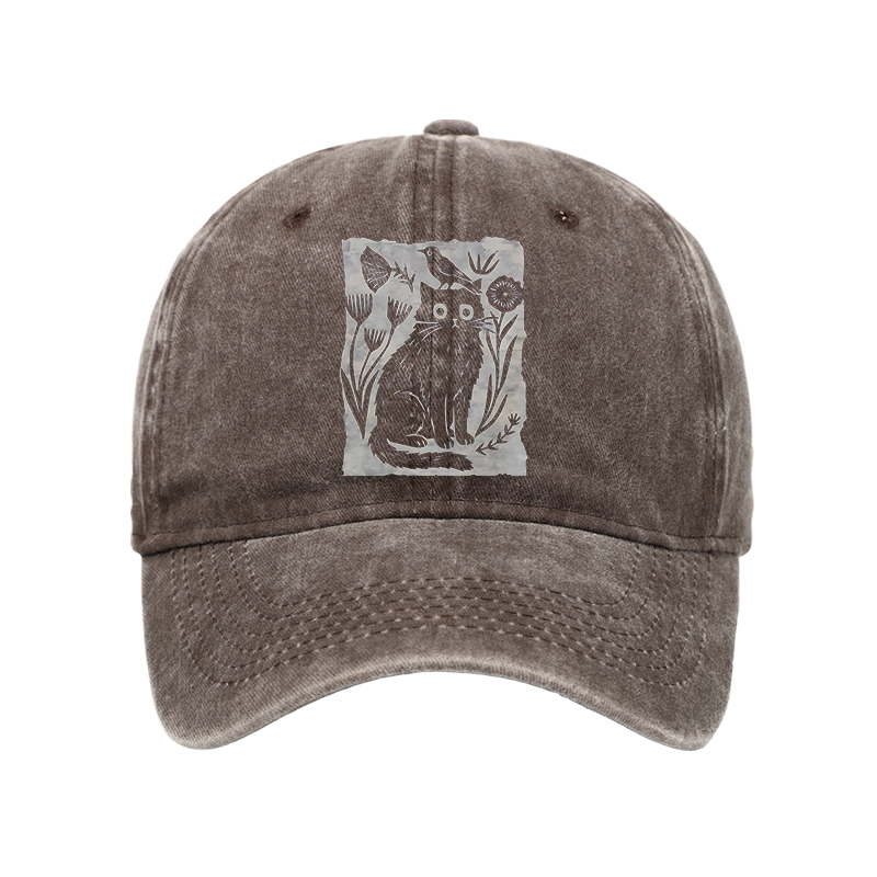 Tokyo-Tiger Folk Paper Cut Cat Bird Floral Art Washed Cap