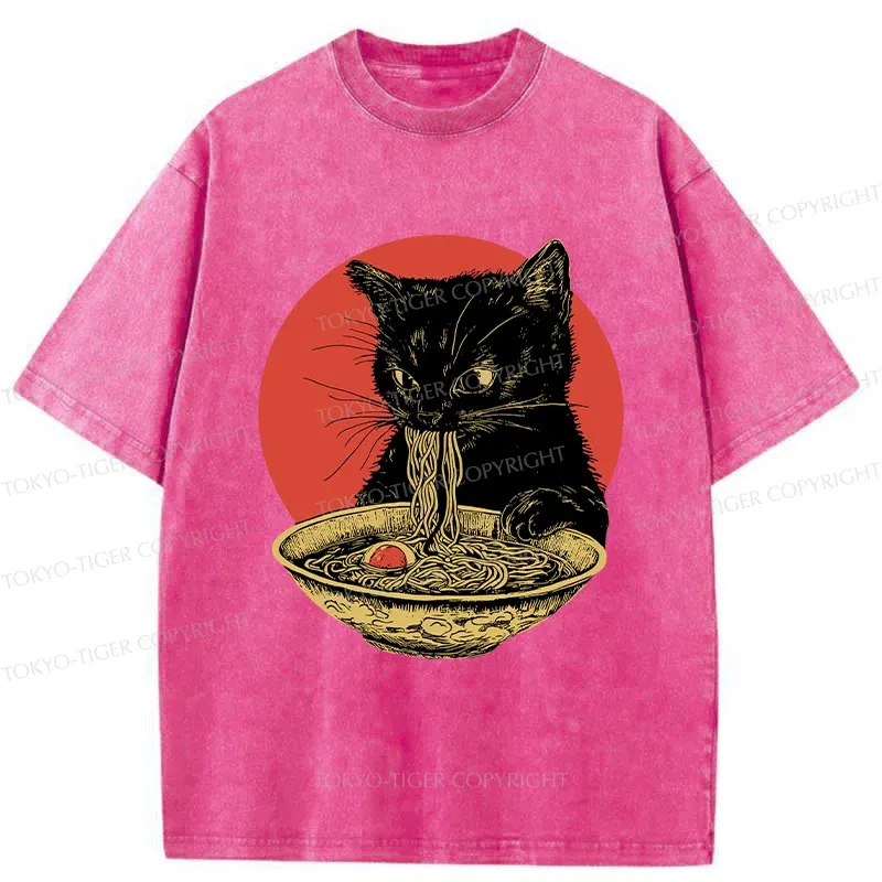 Tokyo-Tiger Retro Black Cat Eating Ramen Washed T-Shirt