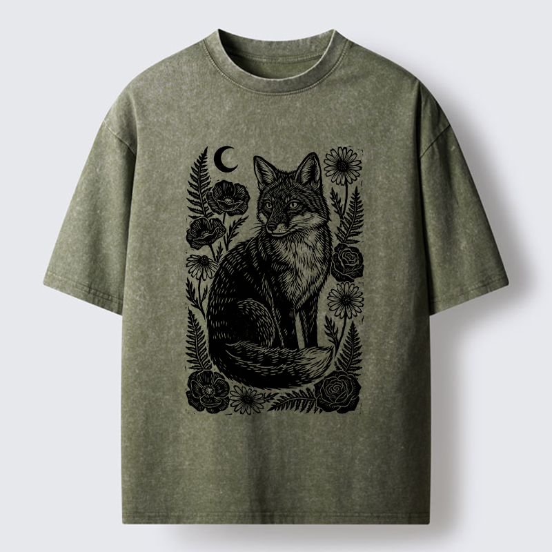 Tokyo‑Tiger Wild Fox Floral Vibe Washed T‑Shirt