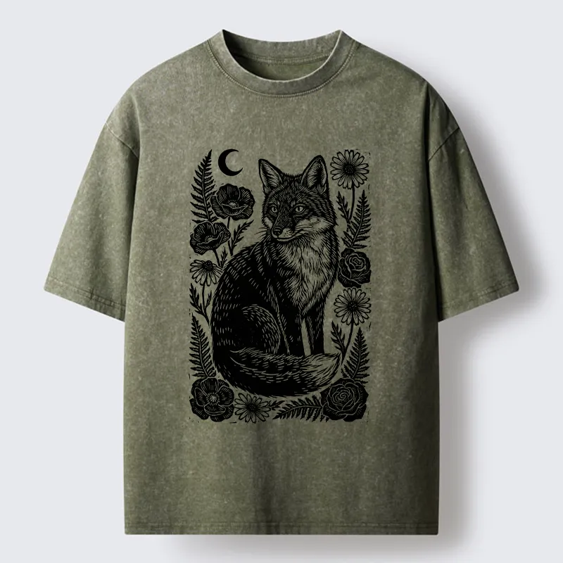 Tokyo‑Tiger Wild Fox Floral Vibe Washed T‑Shirt
