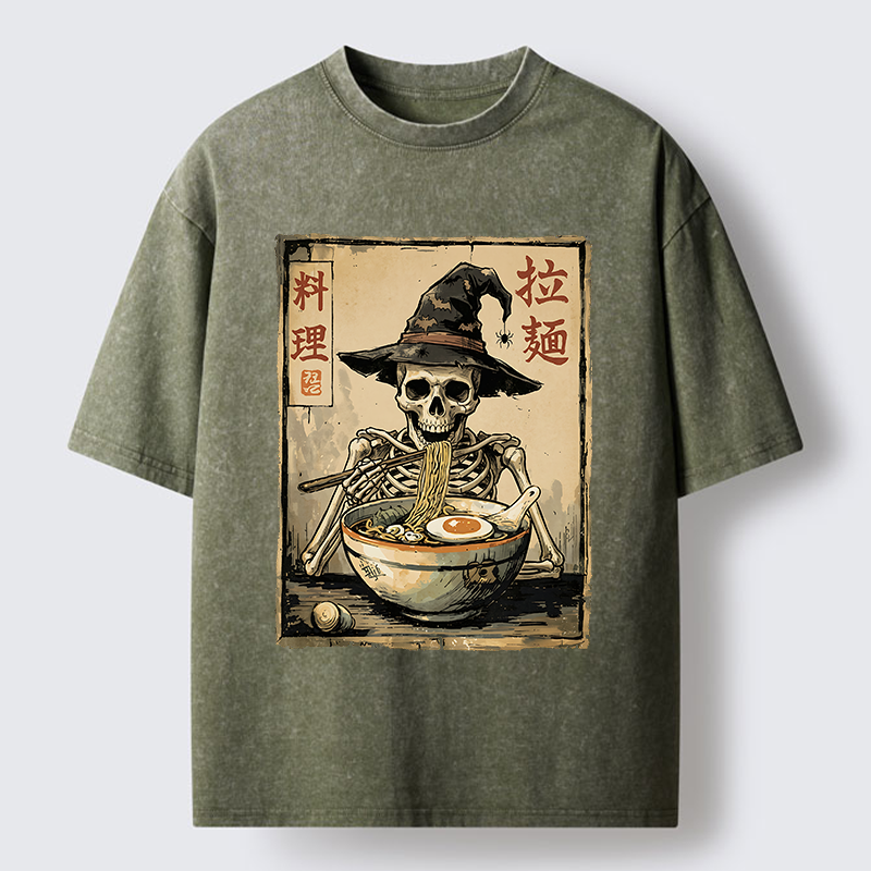 Tokyo‑Tiger Skeleton Ramen Meme Washed T‑Shirt
