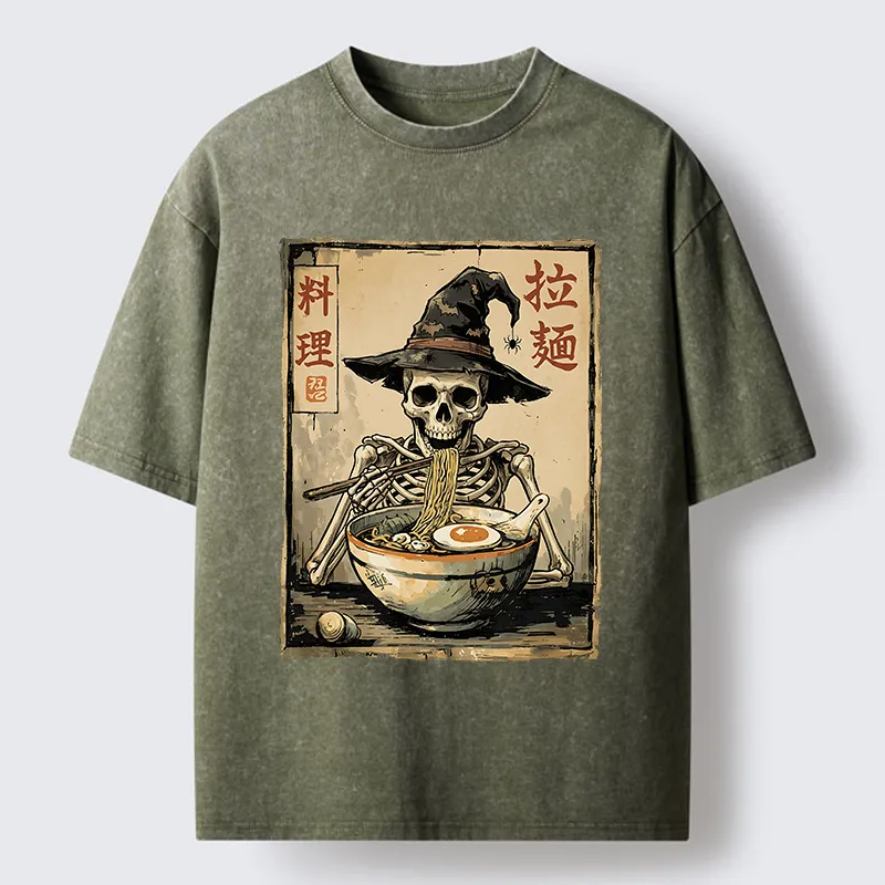 Tokyo‑Tiger Skeleton Ramen Meme Washed T‑Shirt