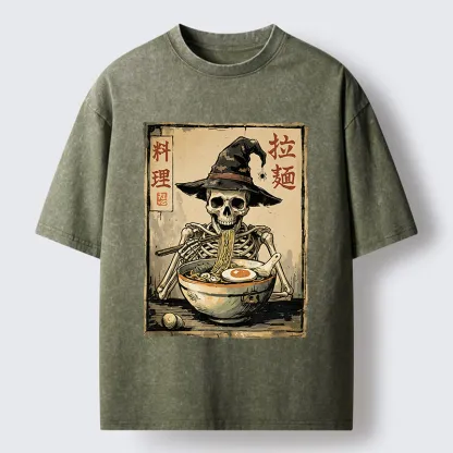 Tokyo‑Tiger Skeleton Ramen Meme Washed T‑Shirt